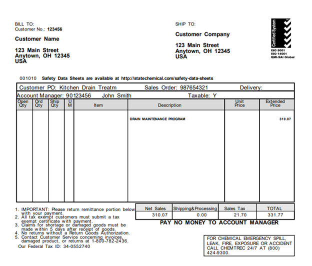 Image of a State Chemical invoice. The invoice includes: the customer's name and address, the customer's shipping address, the name of the State Chemical account manager, the net sales price, the sales tax, and the total sales price.